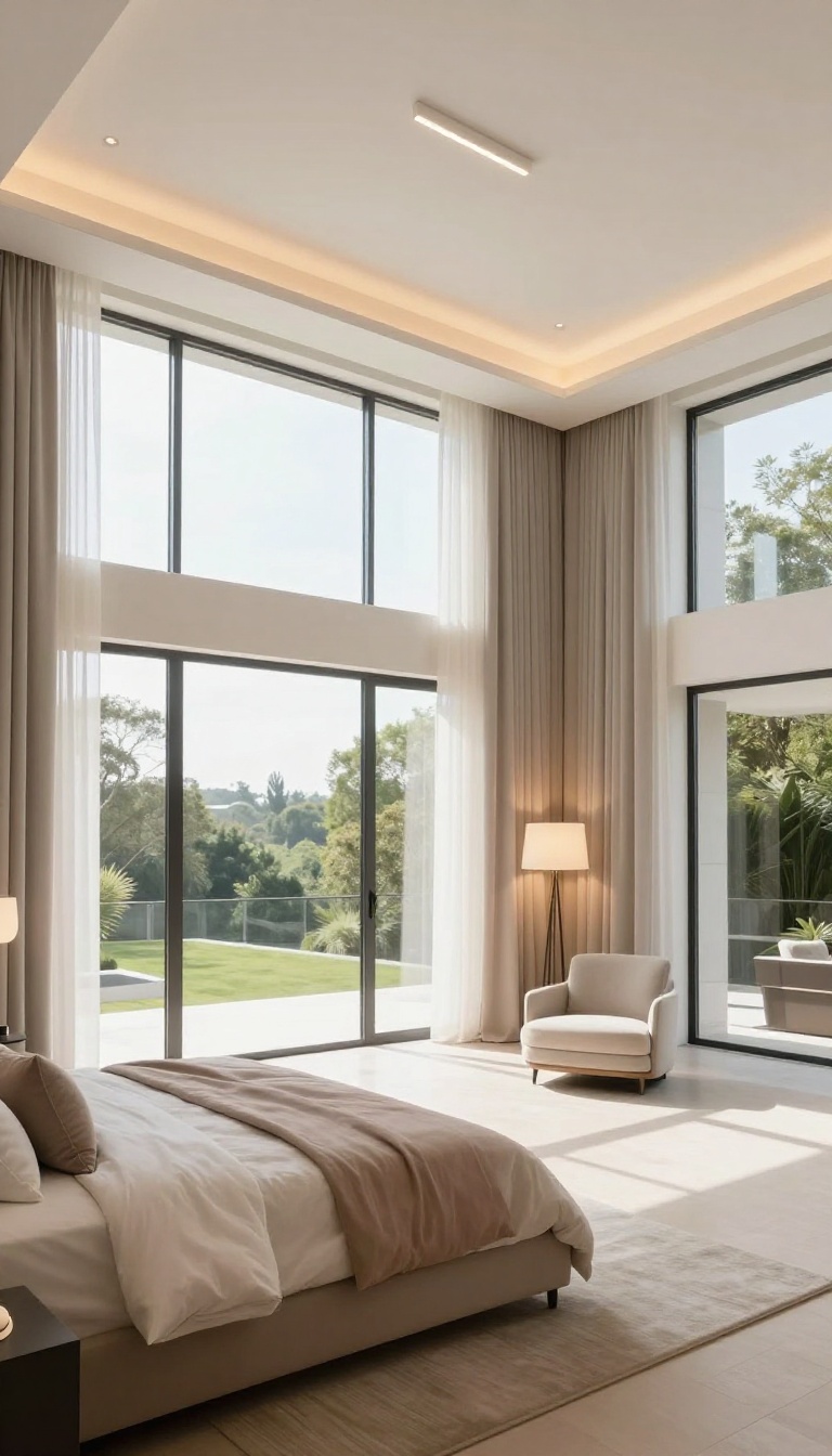 Modern mansion bedroom with layered lighting from a ceiling fixture and a floor lamp beside a cozy corner chair