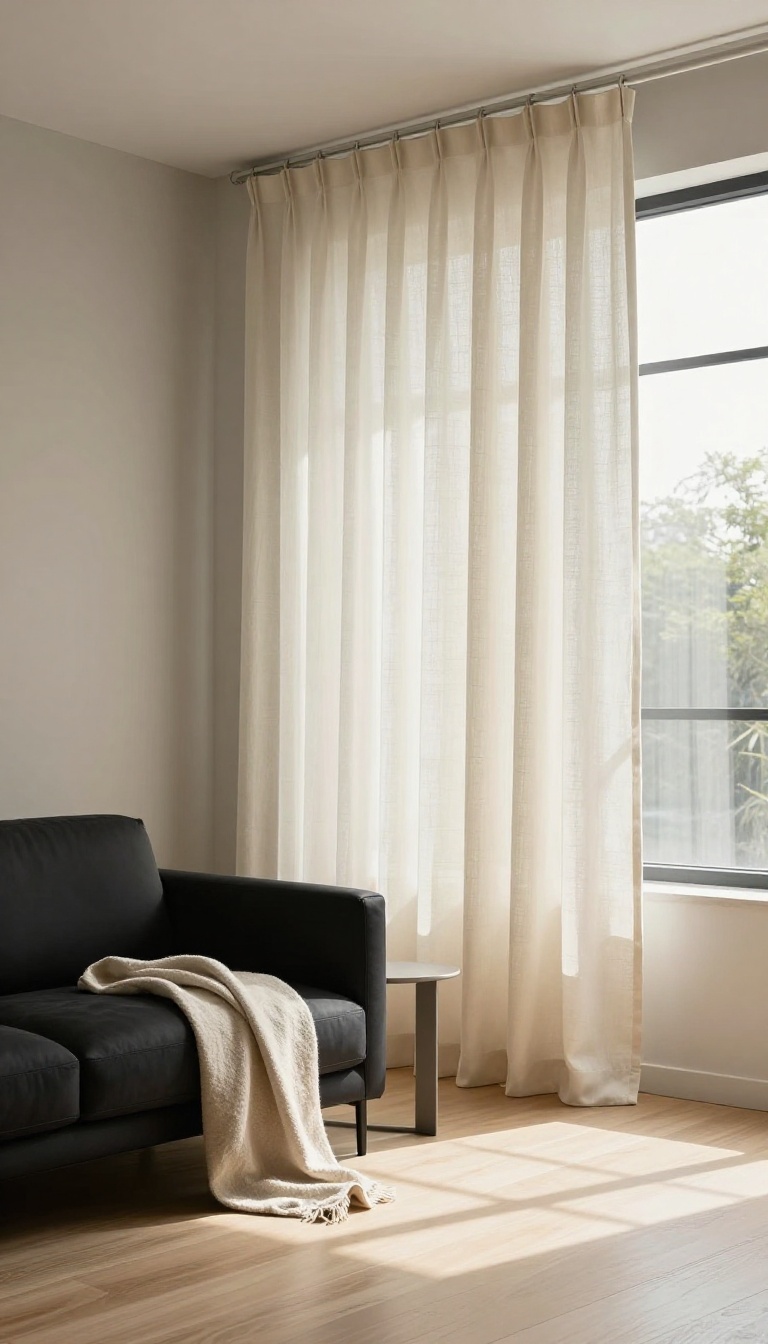Bright living room with a black couch framed by soft flowing cream linen curtains pooling on the floor