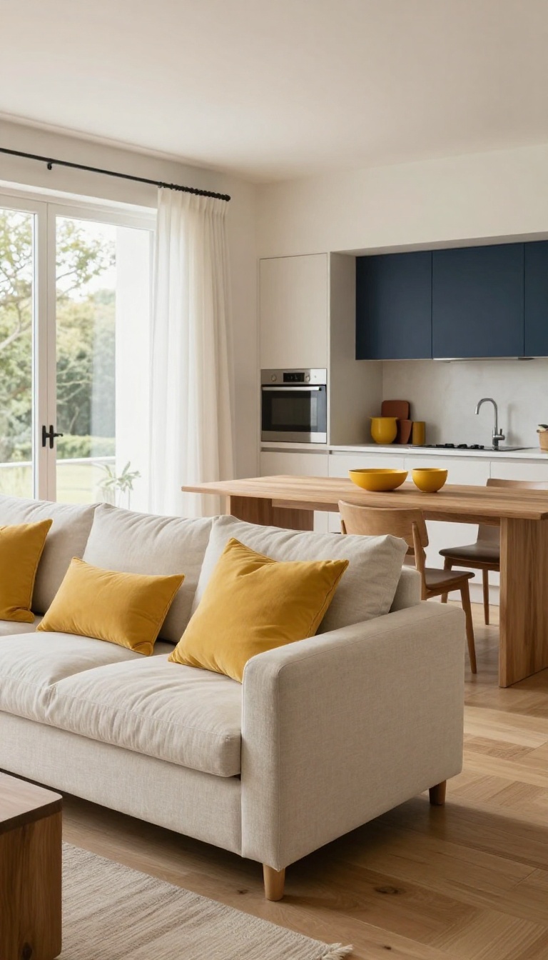Open concept living room, dining area, and kitchen connected by repeated mustard yellow accents against neutral decor