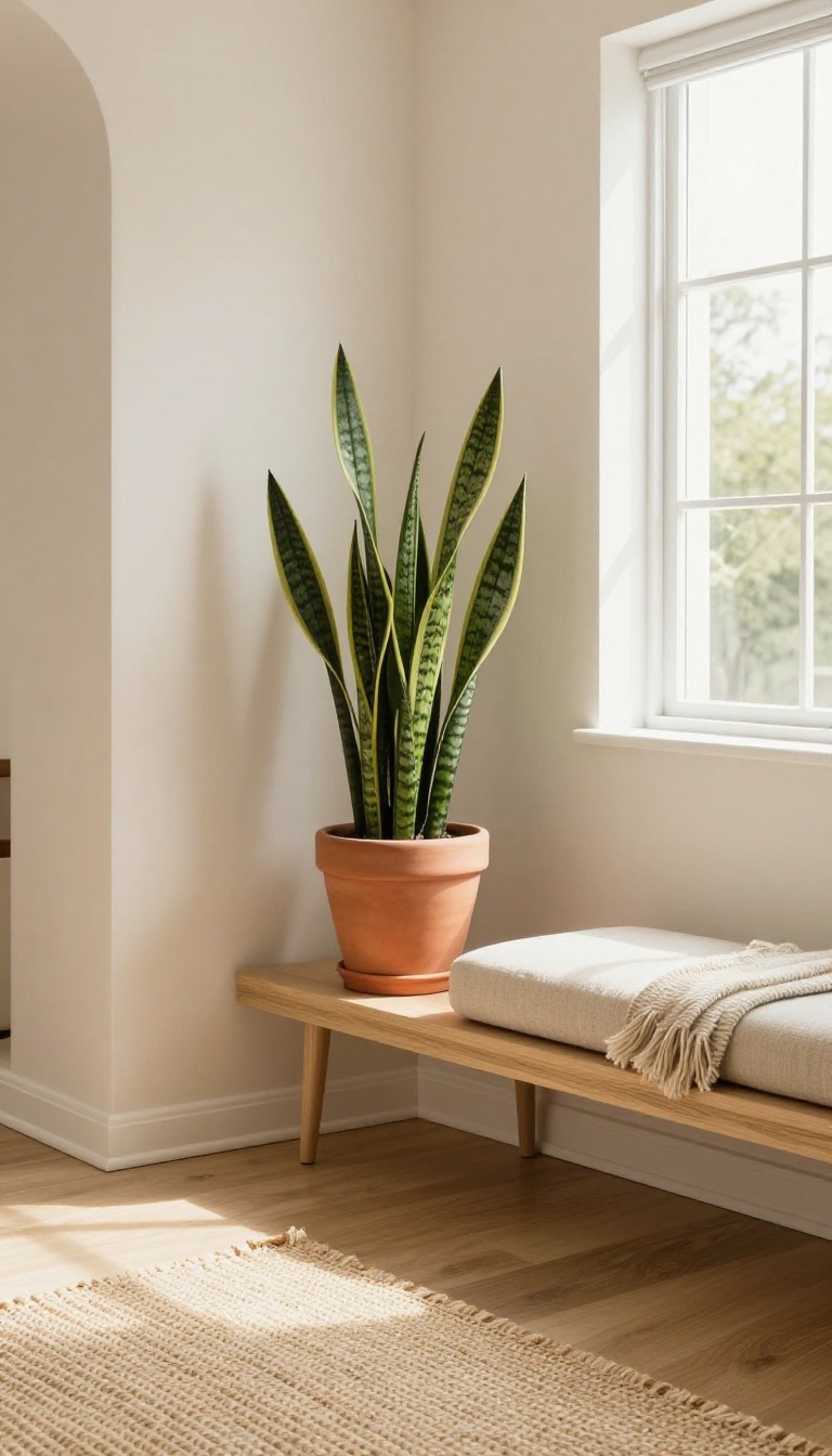 Bright entry living room corner with a potted snake plant in a terracotta pot beside a console table in soft natural light