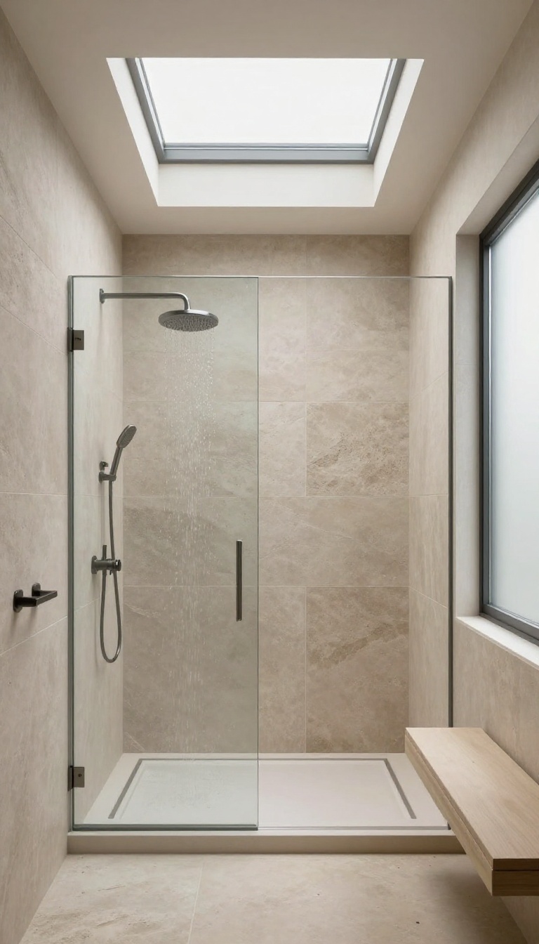 Bright wet room with skylight and frosted window, showcasing natural light and modern design