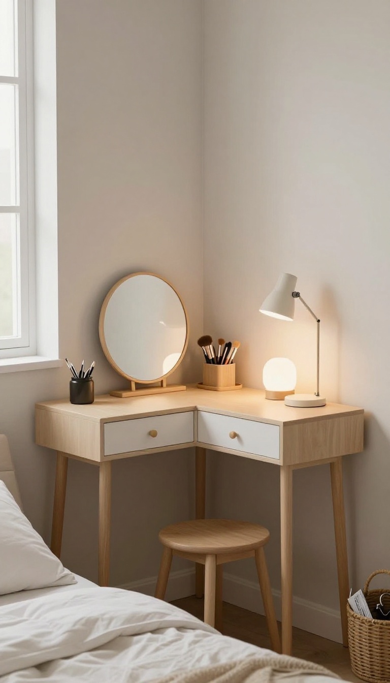Tiny bedroom corner with a slim L-shaped desk doubling as a vanity, mirror, drawer, and stool in bright natural light