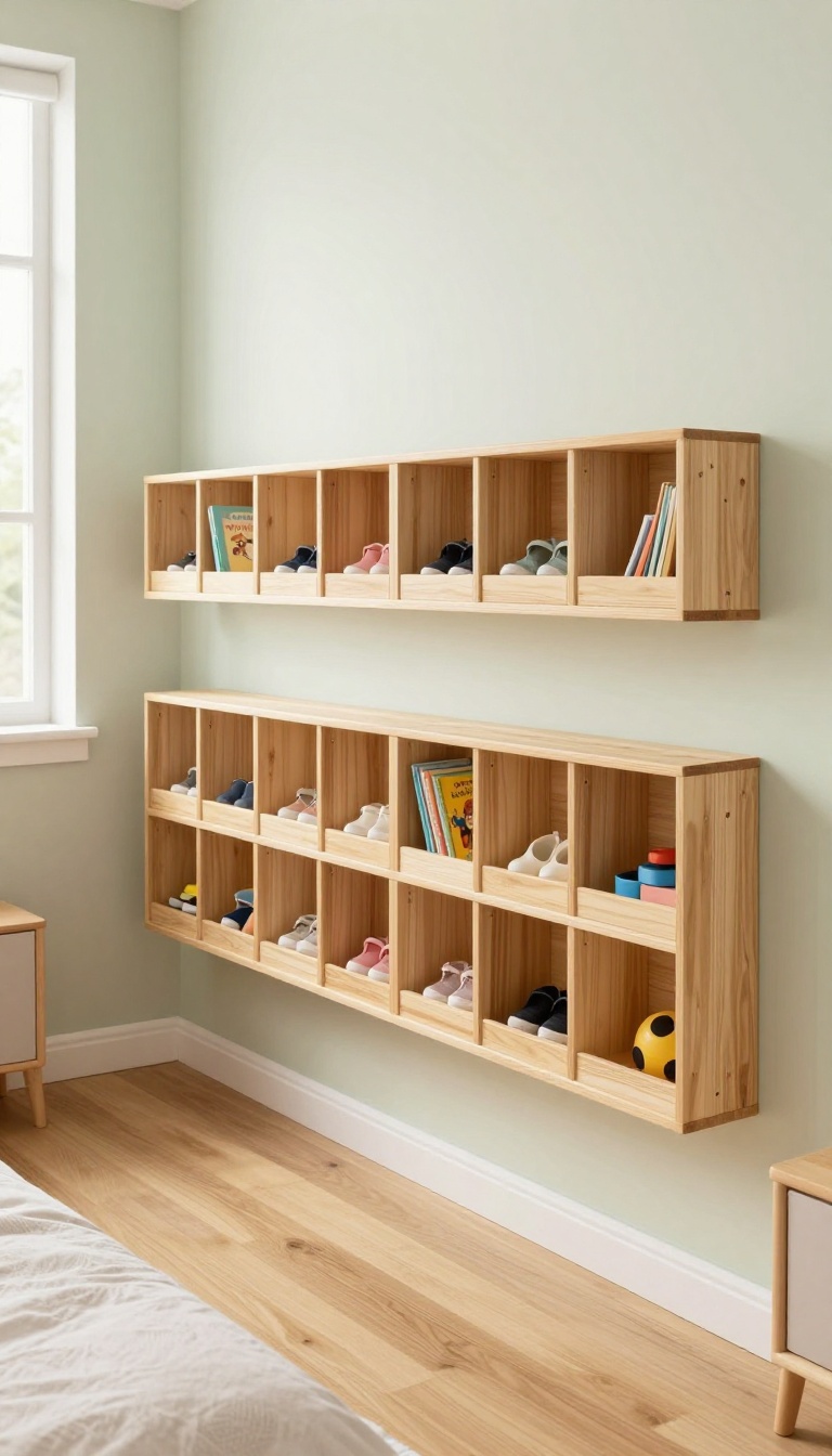 Wall-mounted wooden cubbies at kid height in a bright shared kids' bedroom, each holding shoes, books, and small toys