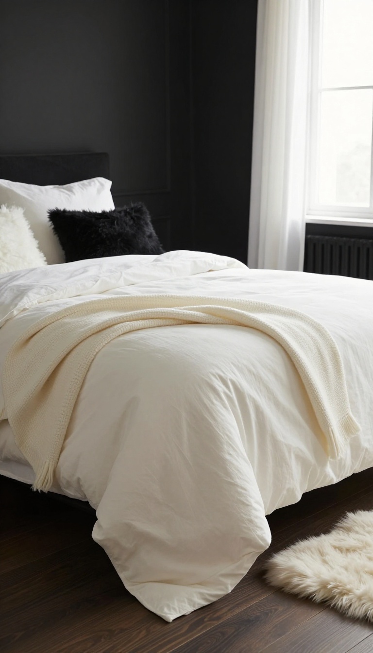 Black and white bedroom with layered textures including a chunky knit throw, linen bedding, and faux fur pillows in bright natural light