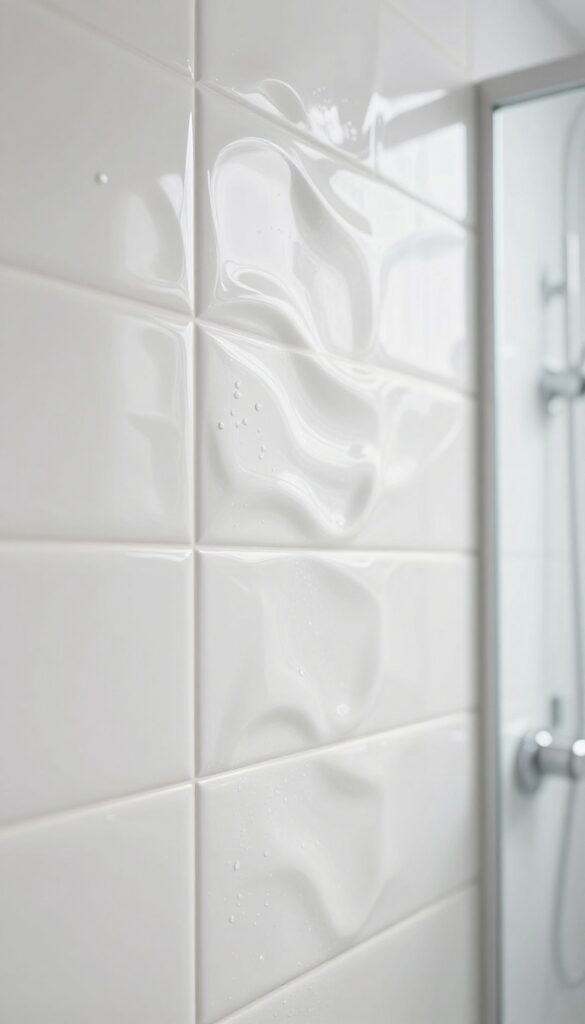 Close-up of glossy white 3D wave tiles in a bright shower, highlighting light and shadow play