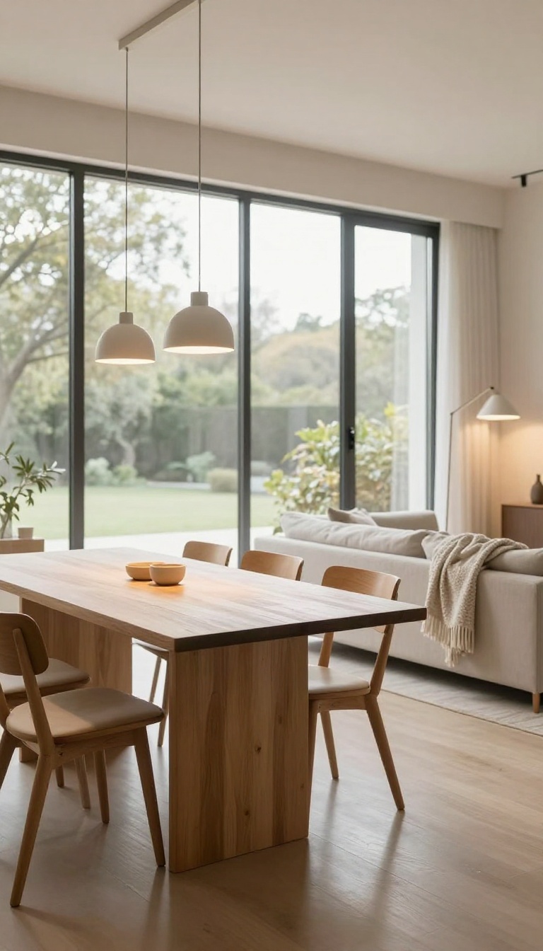 Open plan living room with pendant lights over a dining table and a floor lamp beside a sofa, creating separate pools of light for each activity area