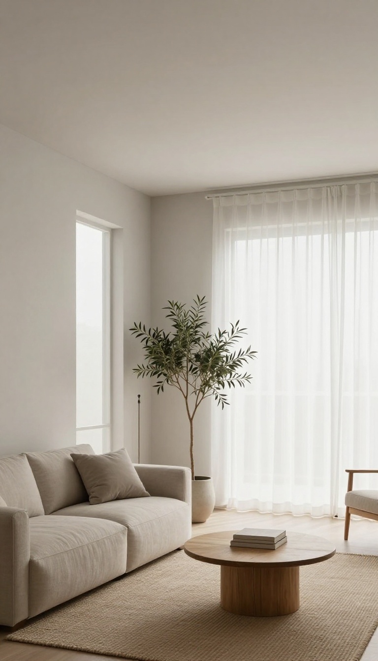Low-ceiling living room with walls and ceiling painted the same soft pale gray for a seamless airy look