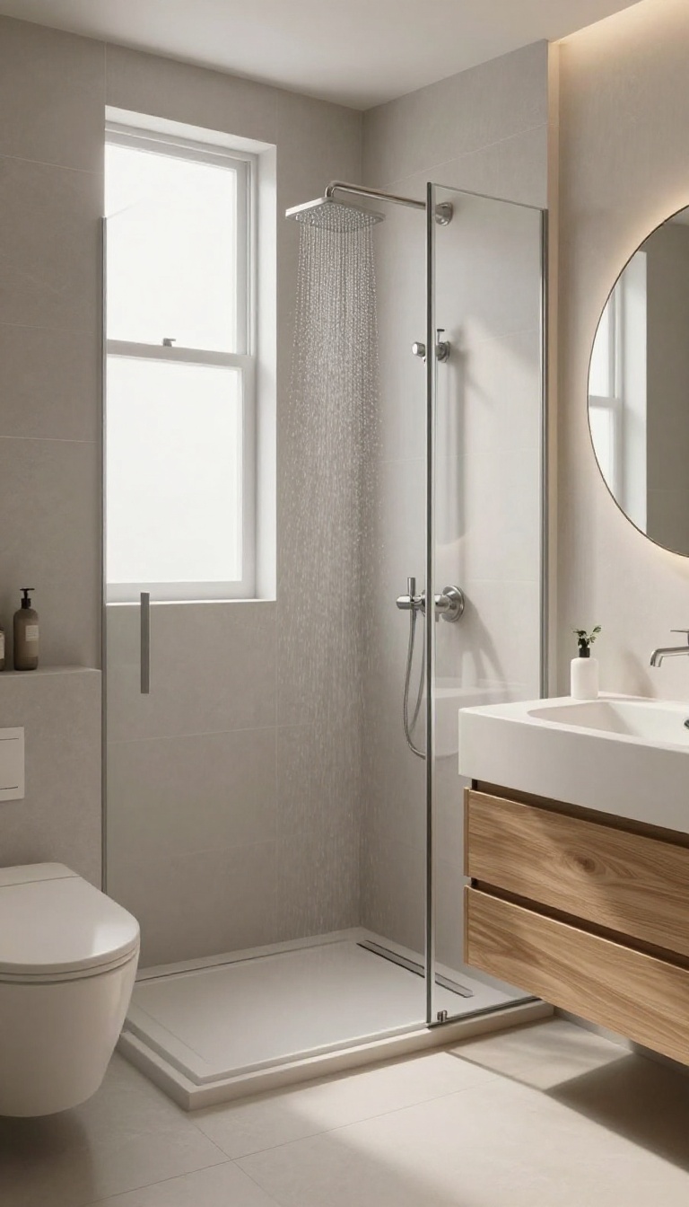 A modern bathroom with a sunken shower tray, no glass enclosure, featuring a step-down shower area, linear drain, and seamless tile flooring.