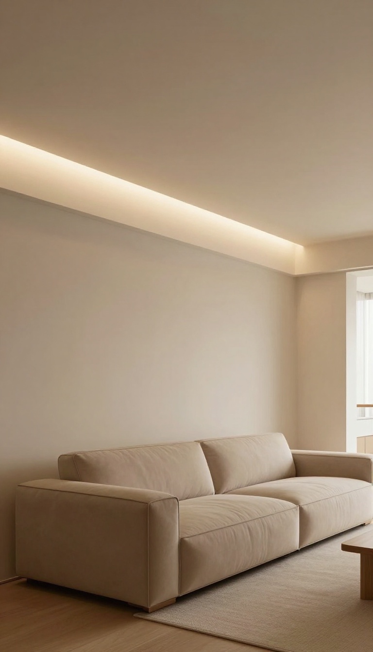 Living room ceiling with crown molding glowing from hidden warm LED backlighting at dusk