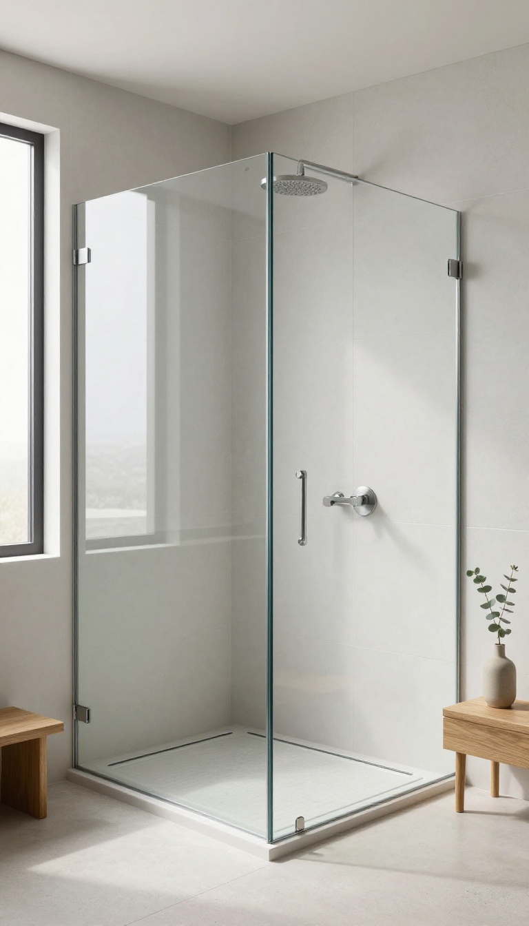 Frameless glass walk-in shower with brushed nickel hardware and bright natural light in a modern master bathroom