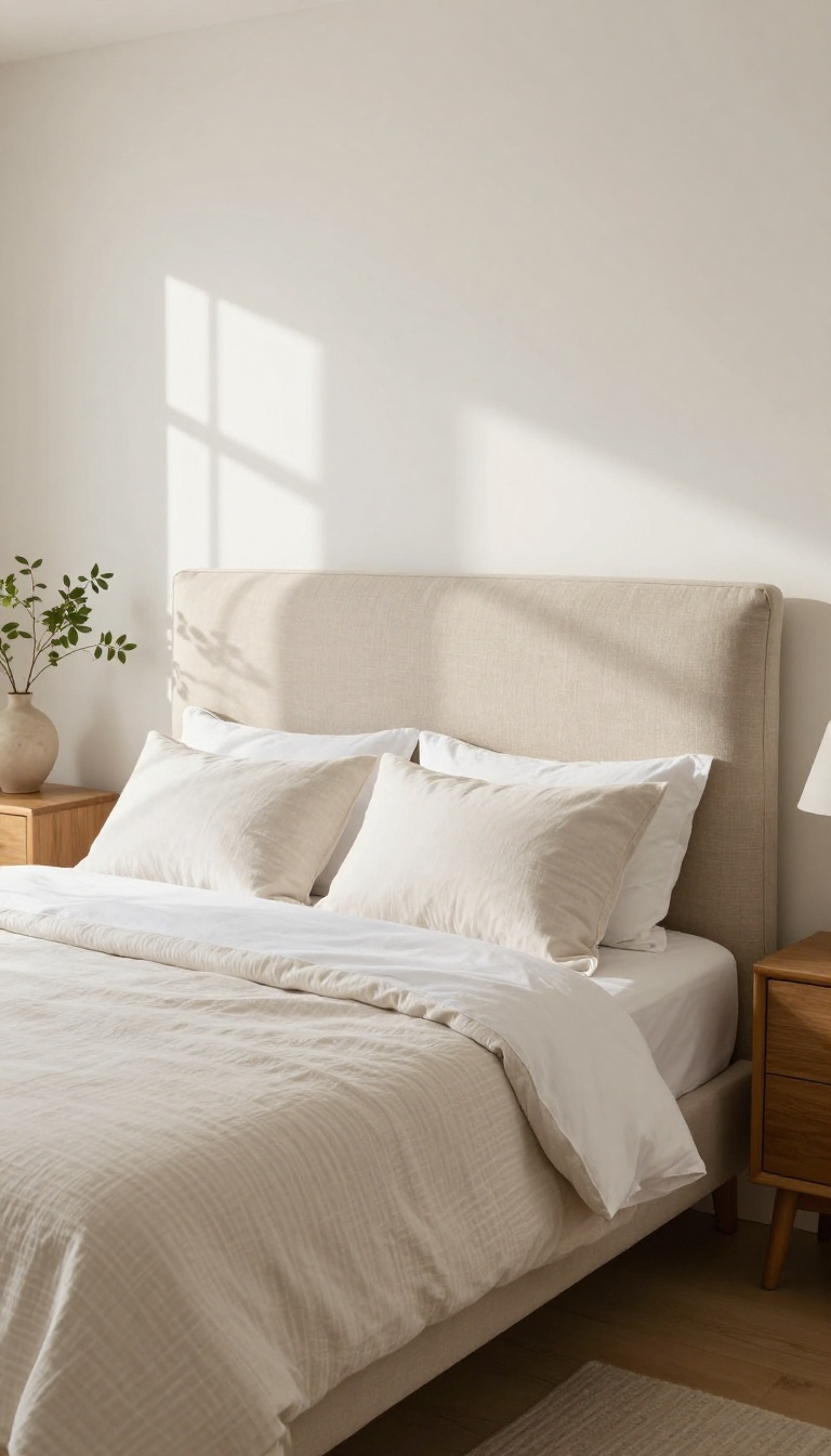 Cozy classic bedroom with a tall curved linen upholstered headboard and layered white bedding in bright natural light