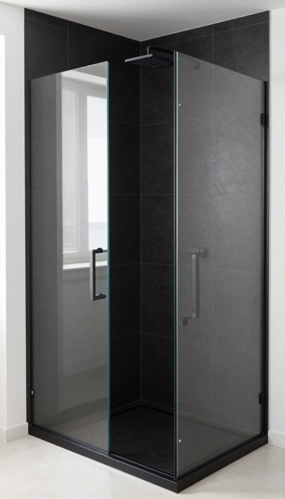 Modern walk-in shower with large-format black tiles and frameless glass, showcasing minimal grout lines and a polished look.