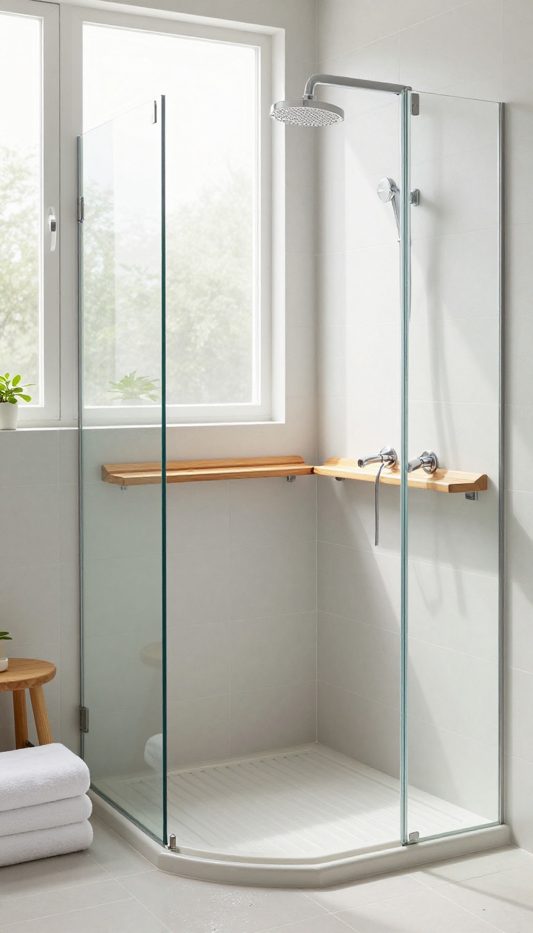 Bright quadrant shower room with a built-in tiled corner bench, glass enclosure, and a small teak stool on the tile floor