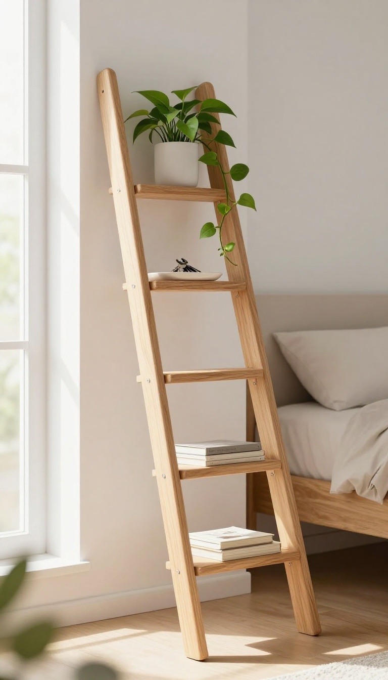 Light wood ladder shelf leaning against a bright bedroom wall, styled with books, a trailing plant, and a small tray in natural daylight
