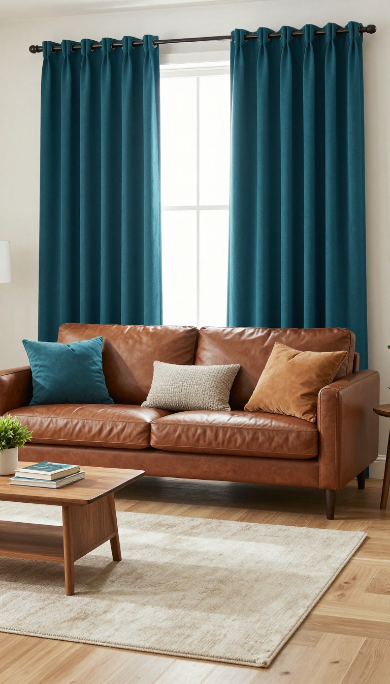 Living room with a brown leather sofa framed by floor-length peacock teal curtains and bright natural light