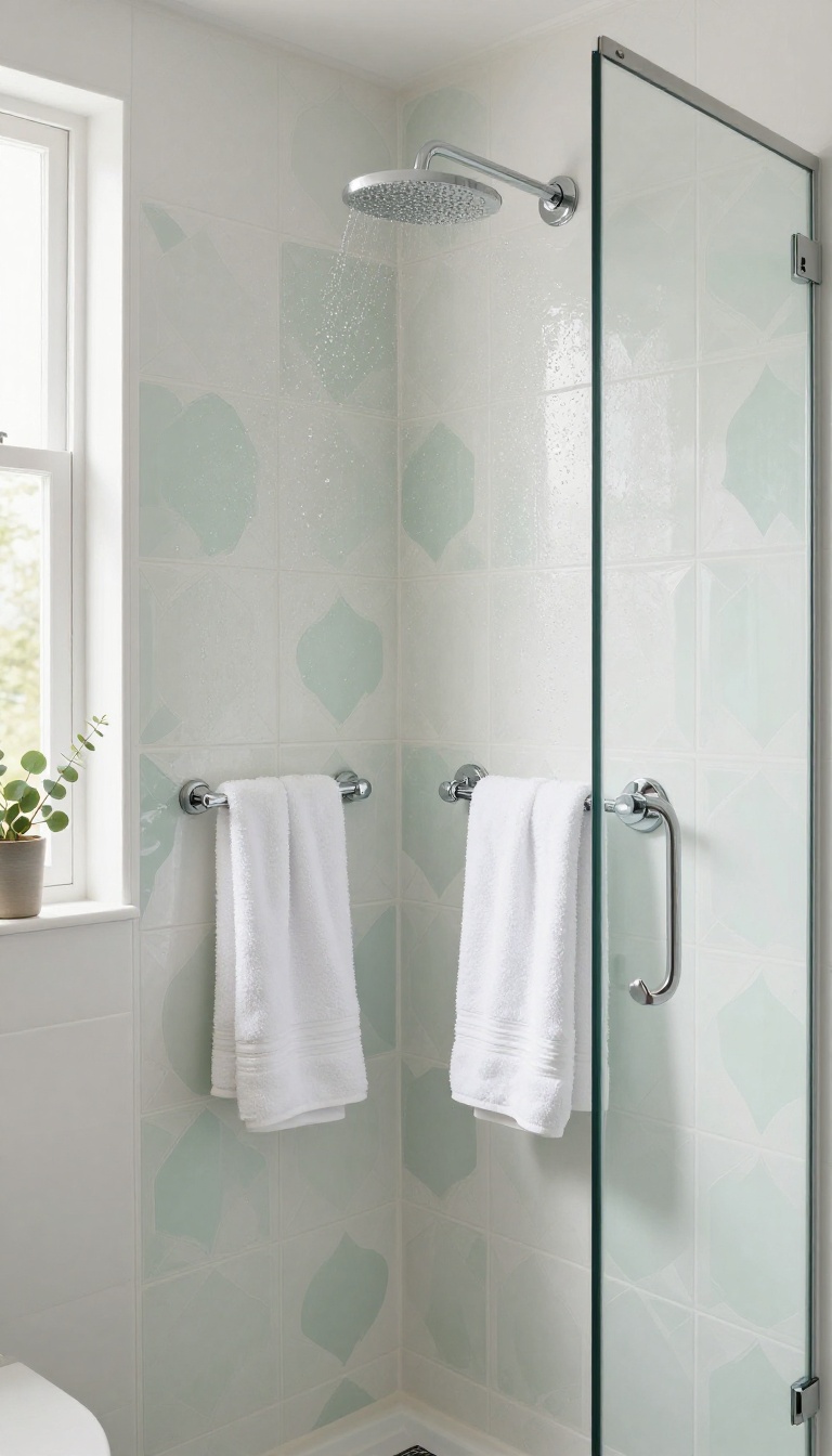 Bright shower wall with a subtle sage green stenciled trellis pattern painted in waterproof finish, chrome fixtures, and natural light in a polished budget bathroom