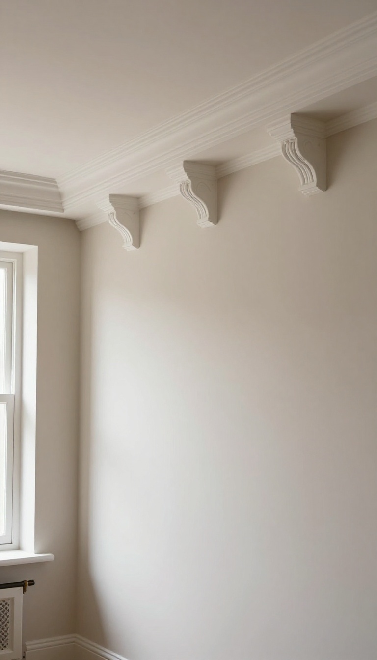 Traditional living room wall with white crown molding supported by evenly spaced carved corbels, lit by bright natural light