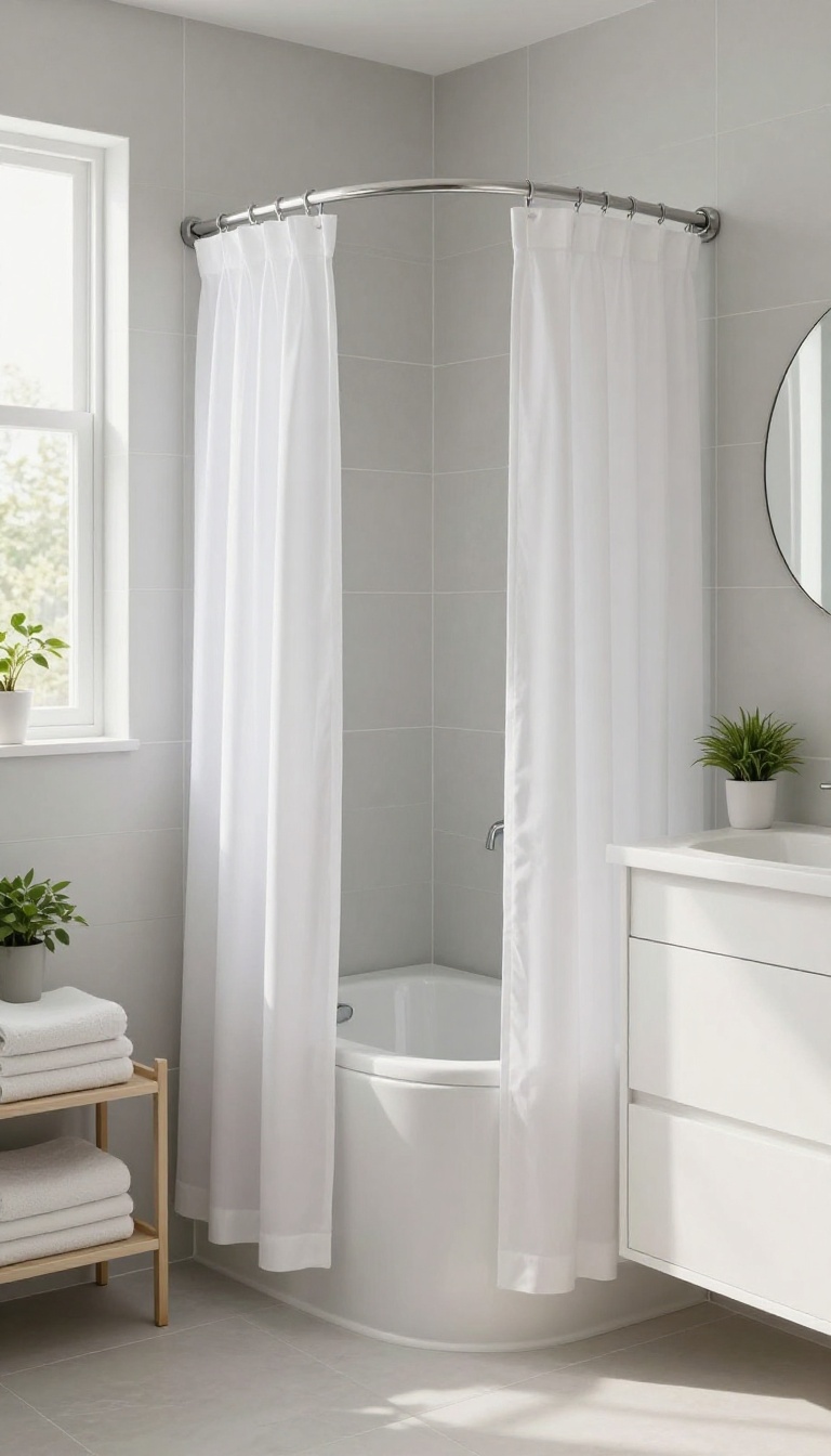 Small bathroom with corner tub-shower combo and curved shower rod, bright natural light, clean design