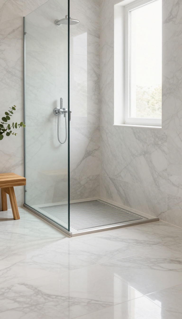 Modern walk-in shower with a flush low-profile linear drain along the wall and large-format tile floor