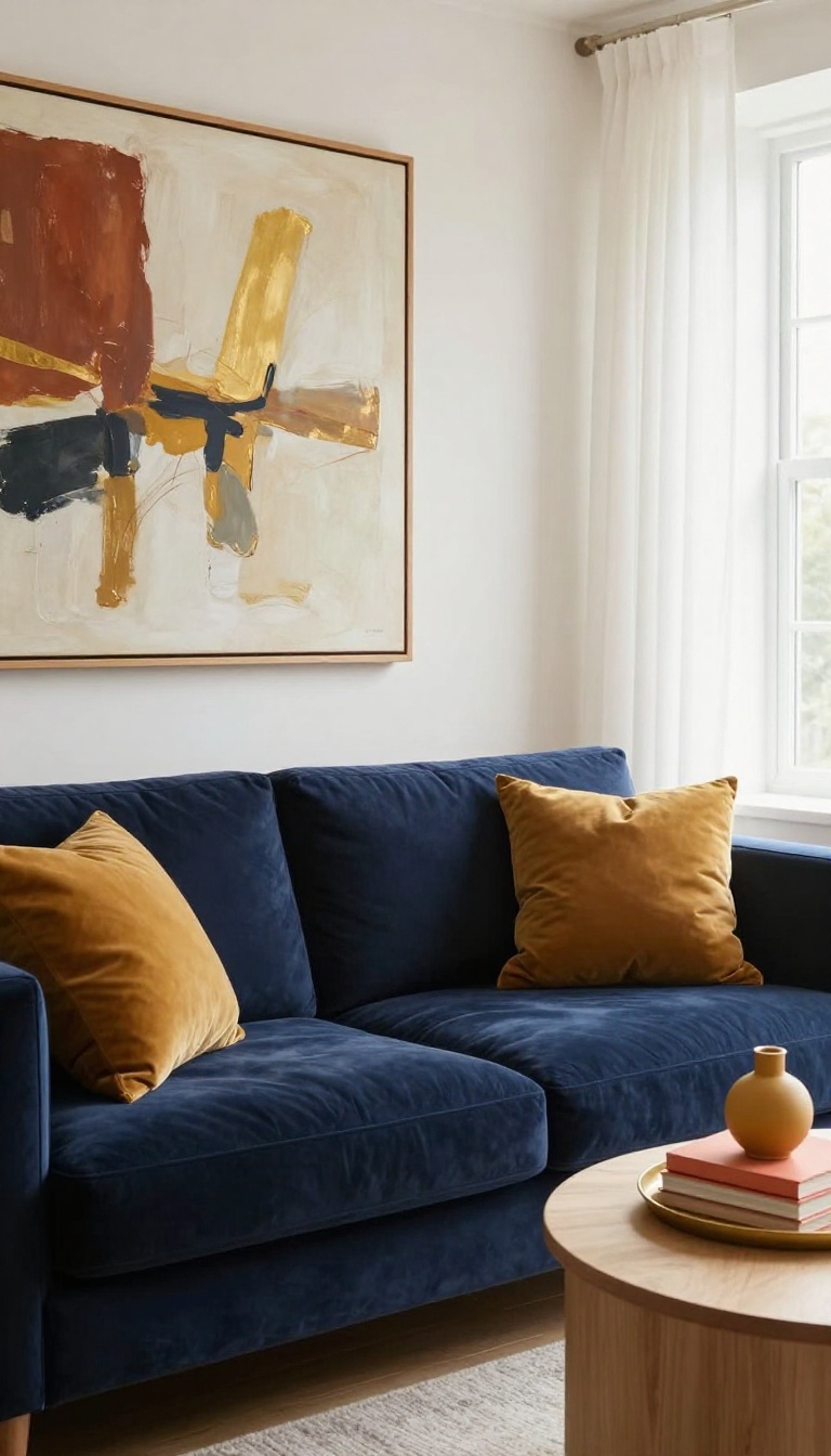 Navy blue couch living room with a large rust and gold abstract painting above it and mustard throw pillows for a warm color contrast