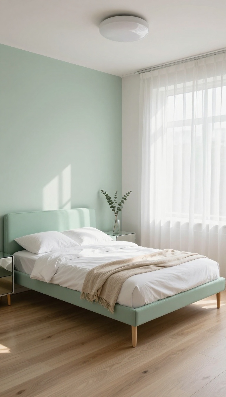 Mint green low-profile platform bed with white bedding and mirrored nightstands in a small bright bedroom