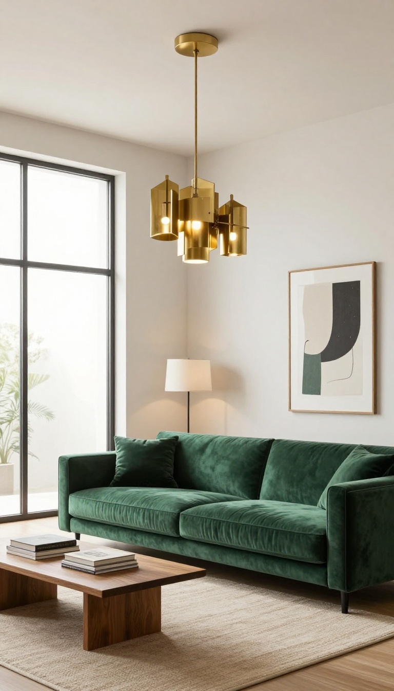 Green velvet couch in a bright living room with a brass geometric pendant light hanging above, styled with a neutral rug and floor lamp.