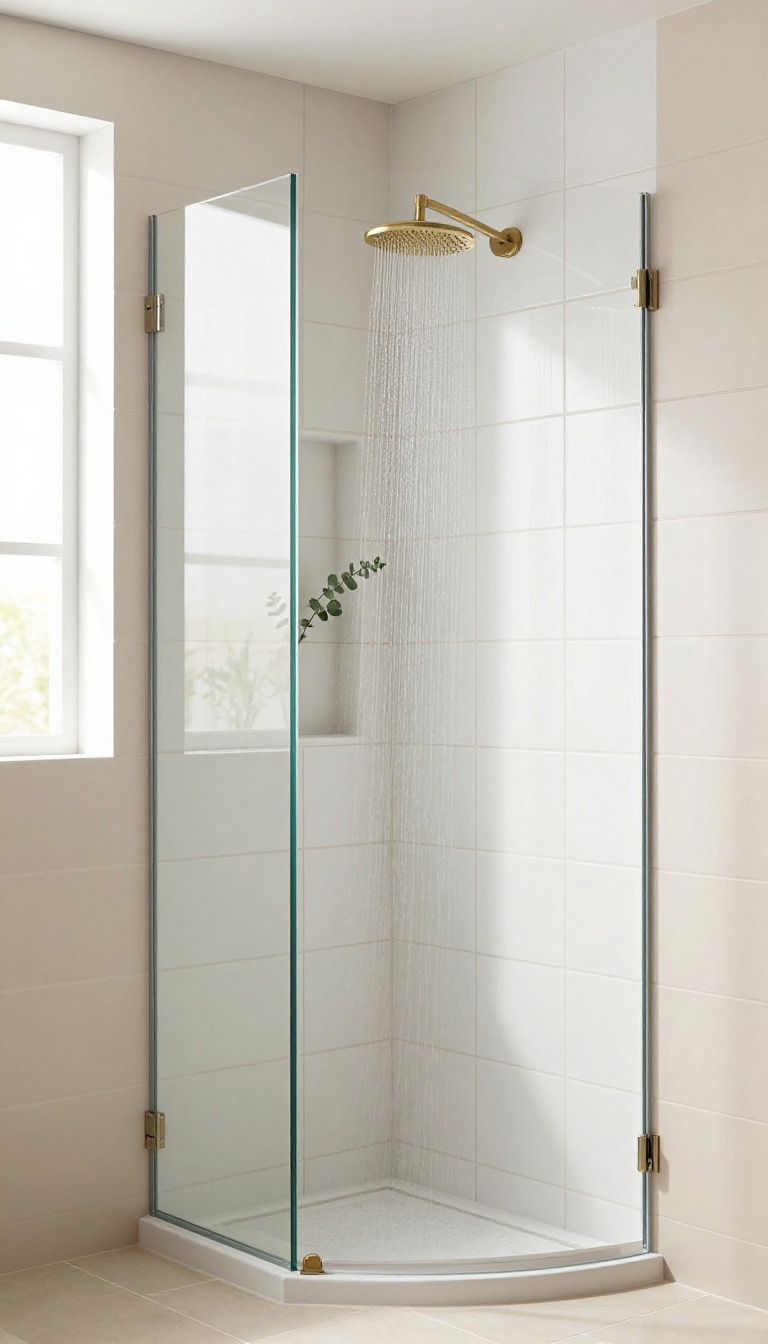 Bright modern shower stall with vertically stacked rectangular tiles running floor to ceiling, frameless glass door, and brass rainfall shower head