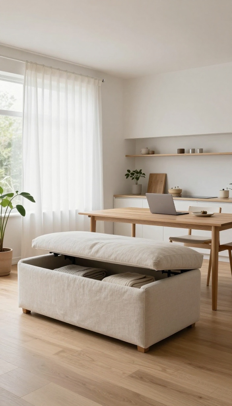 Bright open-plan living room and kitchen with a storage ottoman and a drop-leaf table that doubles as a desk