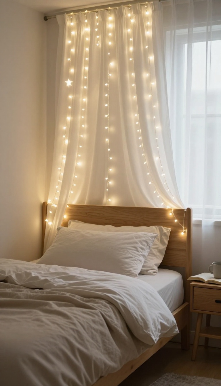 Bedroom wall draped with warm white LED curtain lights creating a dreamy glowing backdrop behind the bed