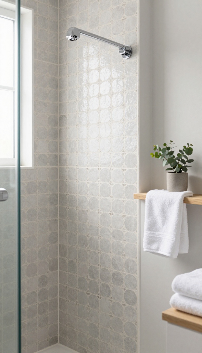Vintage-style shower wall covered in warm gray penny round mosaic tile with light grout and a clean finished border edge in a bright modern bathroom