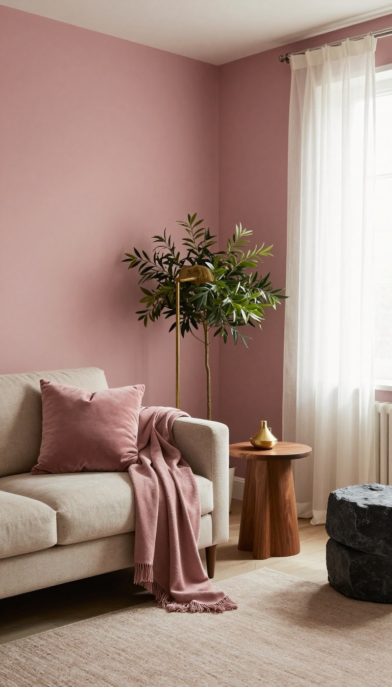 Cozy living room with dusty rose walls, oatmeal sofa, velvet throw, and brass accents in soft natural light