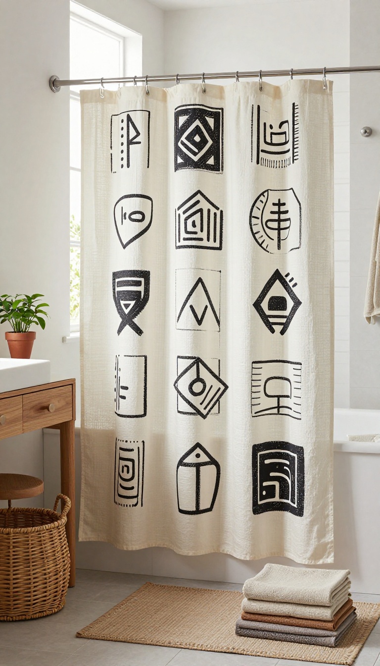 Boho bathroom with a black-and-white mudcloth print shower curtain, warm wood vanity, rattan basket, and a small plant in bright natural light