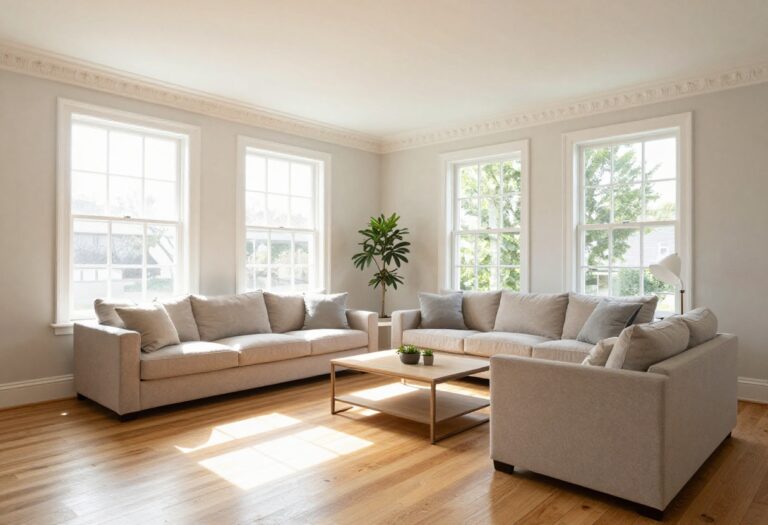 Living room with classic white crown molding adding architectural charm to the walls.