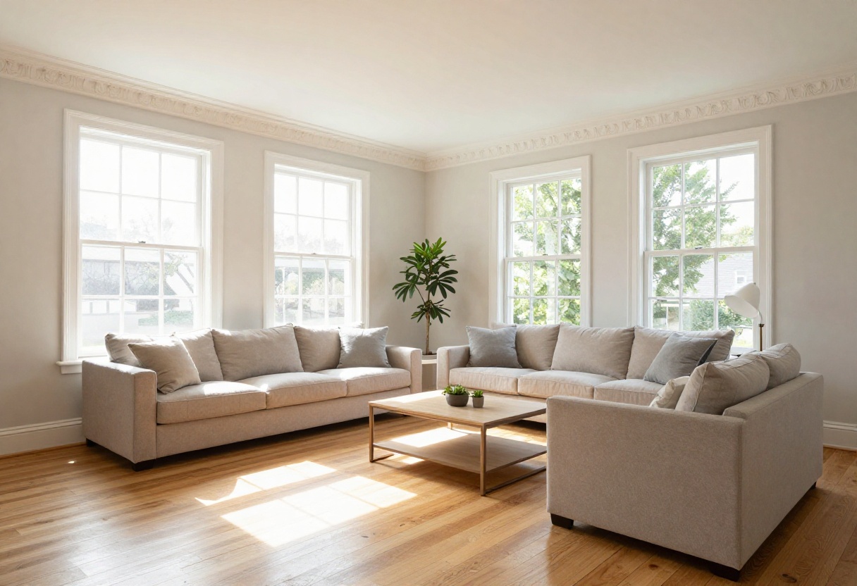 Living room with classic white crown molding adding architectural charm to the walls.
