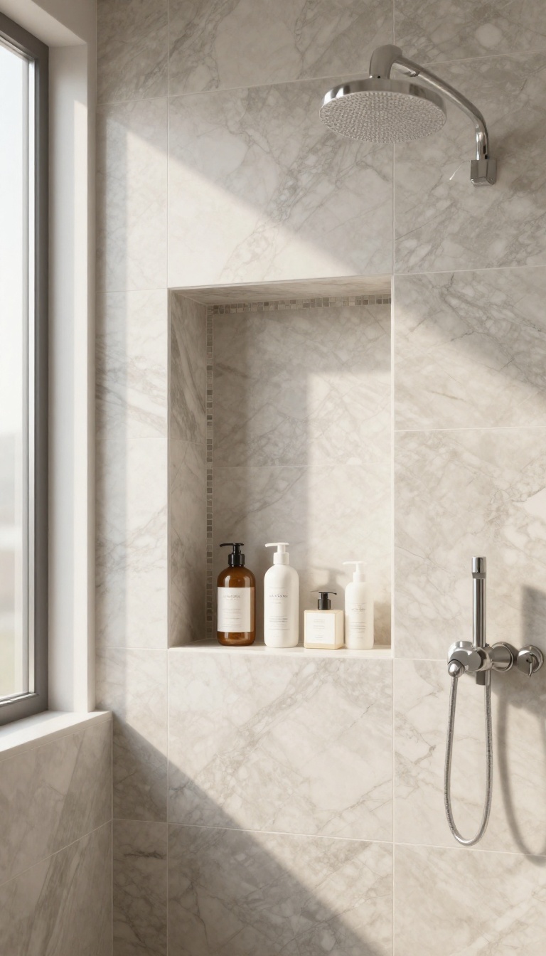 Bright modern shower with a tiled built-in recessed niche holding shampoo and soap bottles, natural light, clean uncluttered bathroom styling