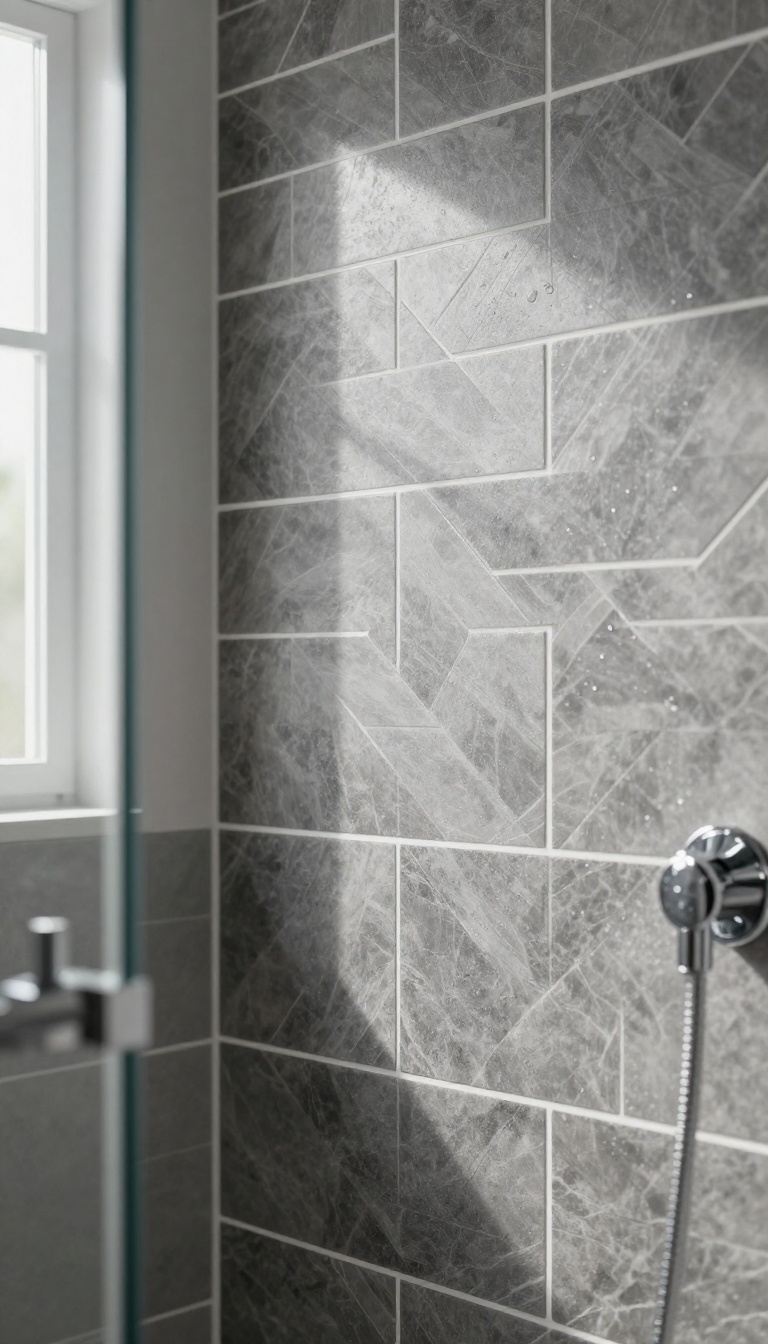 Gray herringbone shower tile with crisp white contrasting grout in a bright modern bathroom