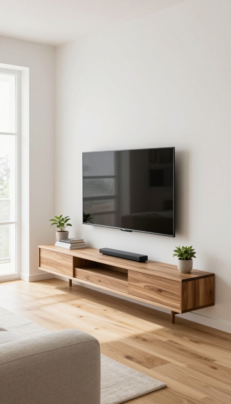 Minimalist living room with a thick floating wooden shelf holding a TV, soundbar, books, and a small plant against a white wall