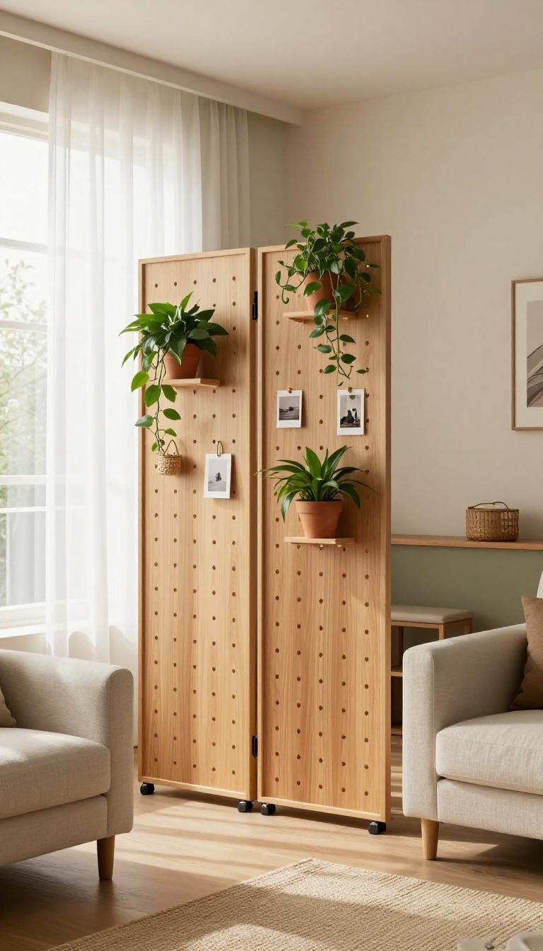 Freestanding wood pegboard room divider with hanging plants and framed photos separating a bright small living room from an entry area