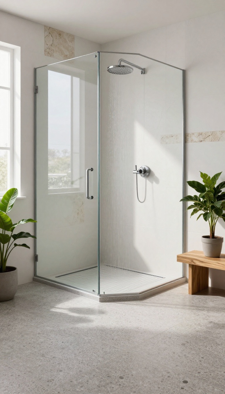 Walk-in shower with matte textured tile floor for slip resistance and style