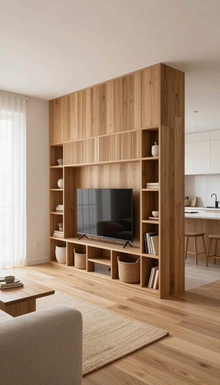 Freestanding slatted wood room divider TV wall separating a bright living room from an open kitchen in an open-plan space