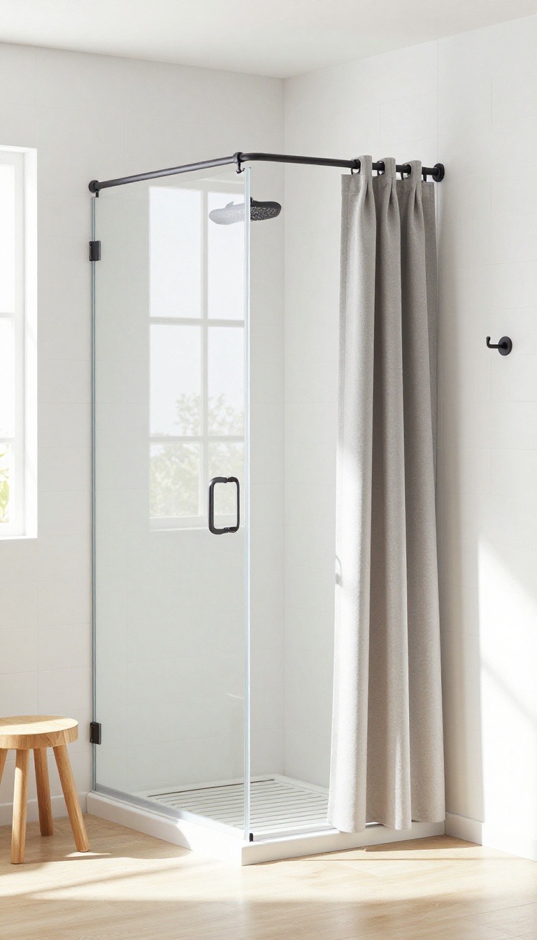 Walk-in shower with matte black curtain hooks and teak wood accents
