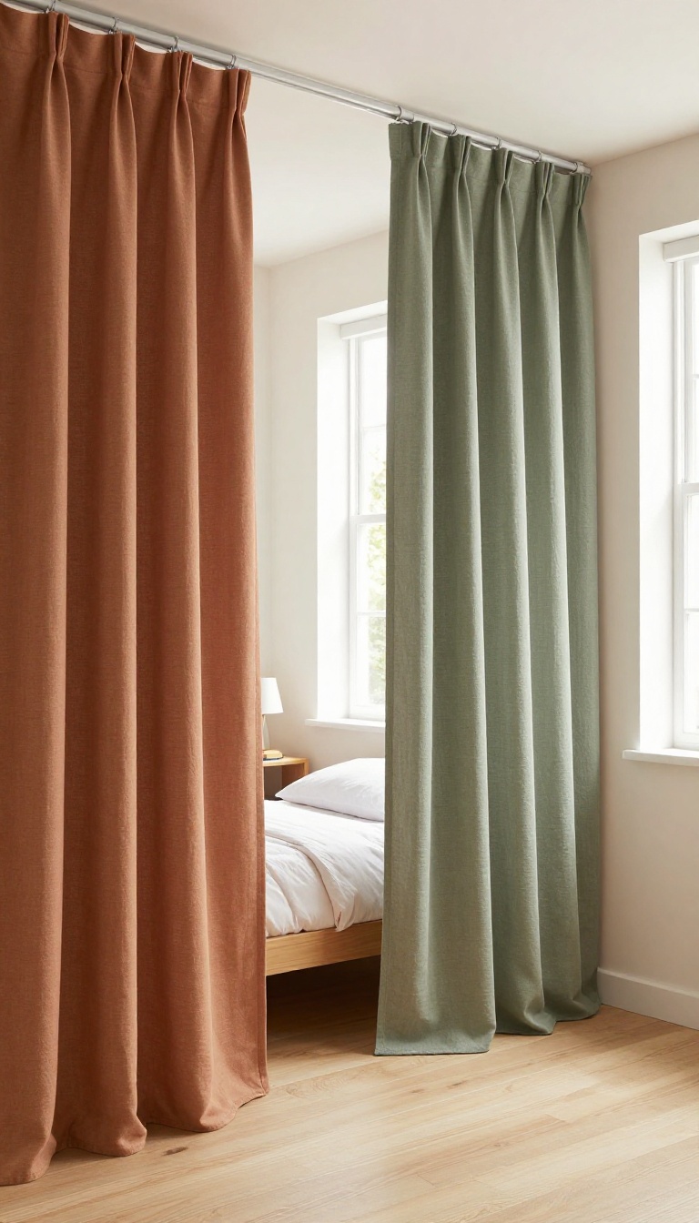 Shared kids bedroom divided by hanging ceiling-track curtains in warm terracotta and sage tones, with a cozy bed nook and bright natural light