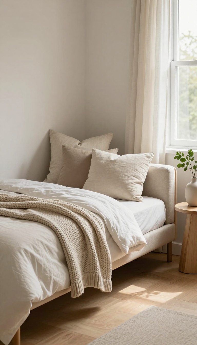 Cozy bedroom corner with a daybed styled like a sofa, layered with pillows and a draped throw blanket in bright natural light