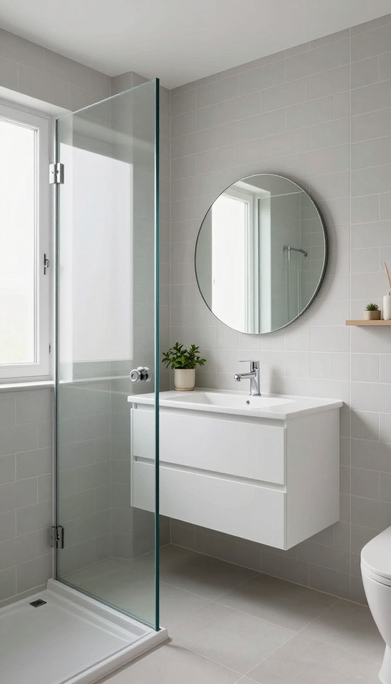 Frameless glass shower door in a bright, airy compact bathroom with subway tile and natural light