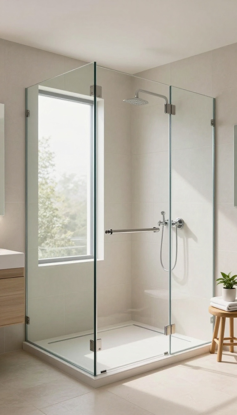 Bright modern bathroom with a walk-in shower enclosed by frameless glass panels and natural light