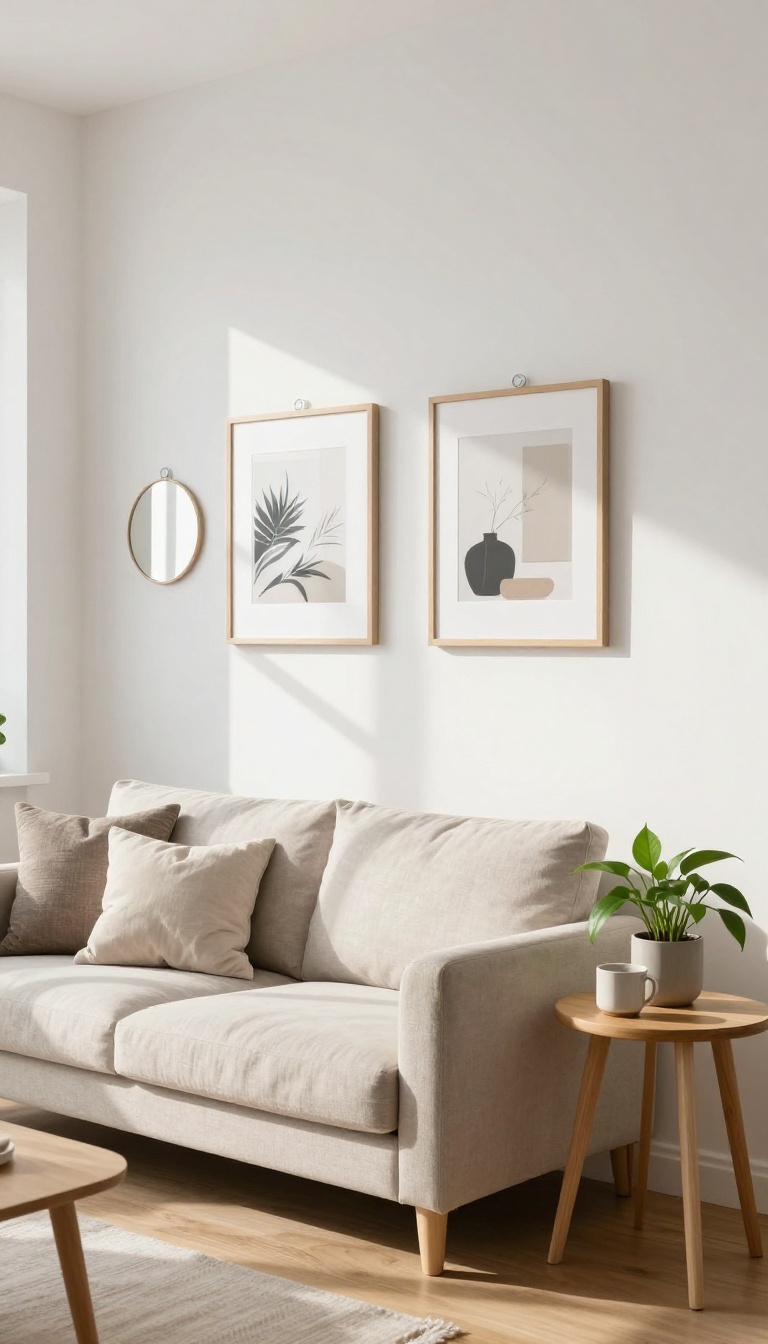 Bright rental living room wall with framed art and a round mirror hung using damage-free adhesive hooks above a neutral linen sofa