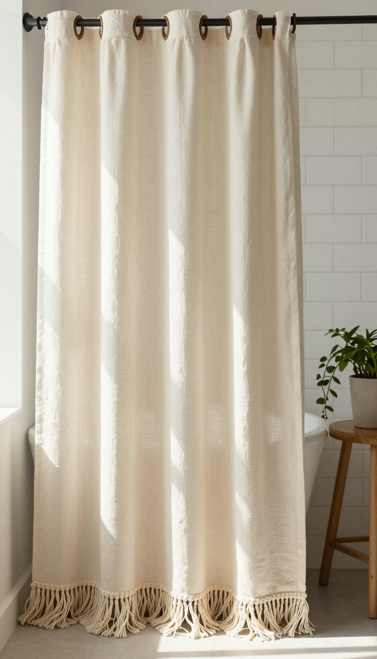 Boho bathroom with a cream cotton shower curtain trimmed in thick hand-knotted macramé fringe hanging from a matte black rod with wooden rings