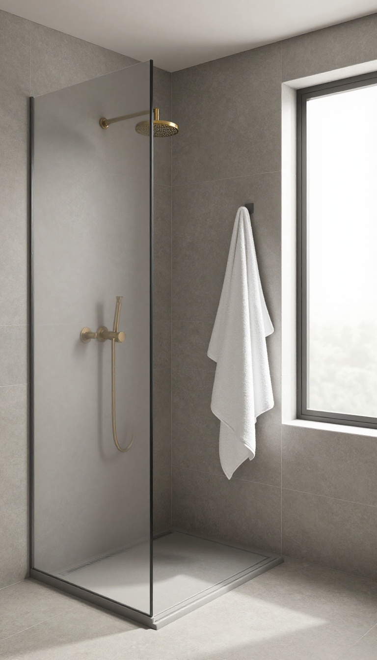 Modern monochromatic warm grey shower with matching tile, grout, brushed brass fixtures, and a ribbed glass panel in bright natural light