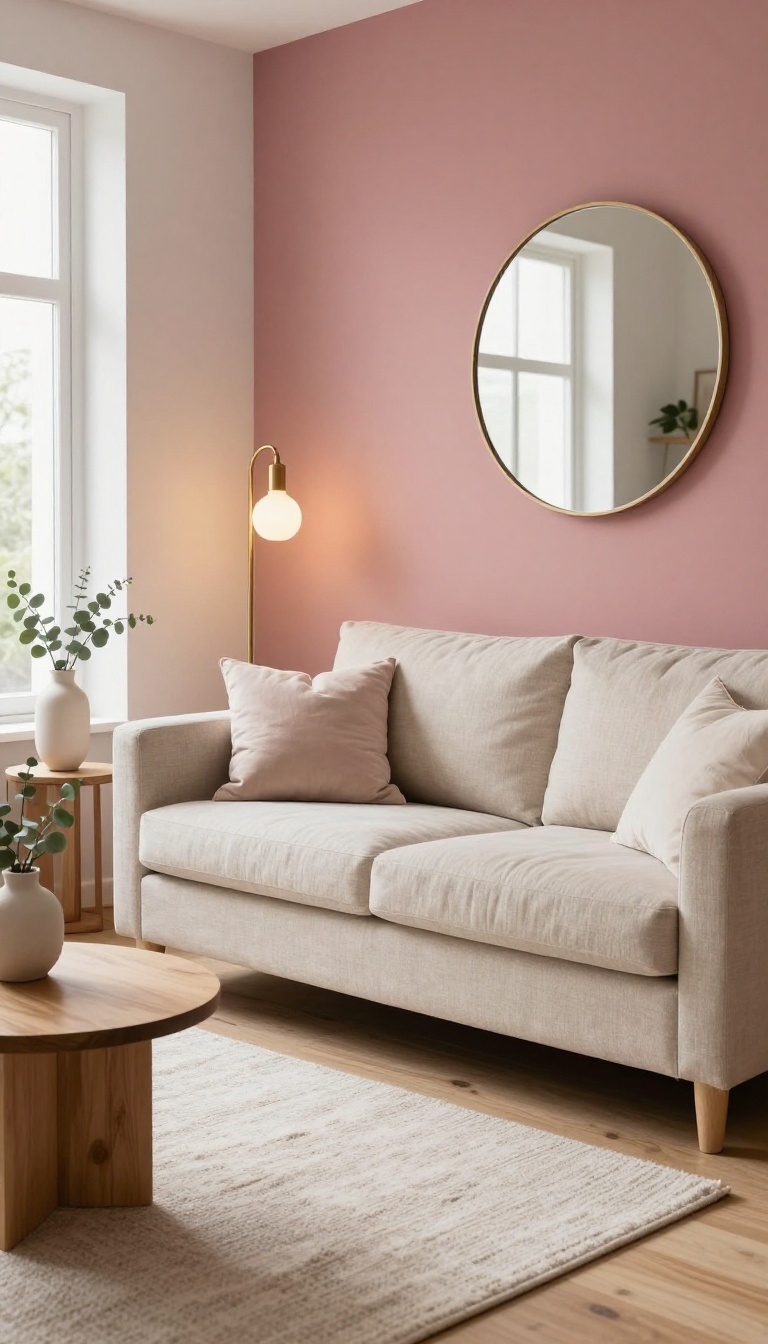 Cozy apartment living room with a dusty rose pink accent wall behind a neutral sofa, round mirror, and warm floor lamp
