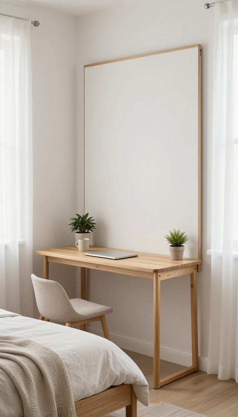 Small spare bedroom with a fold-down wall desk flipped open beside a neatly made twin bed in bright natural light